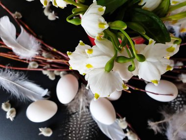 Söğüt ağacı ve Beyaz Bahar çiçekli Paskalya Yumurtaları Sarı bardak ve tabakta hala yeşil kırmızı dekorasyon modern soyut bayram afişi. 