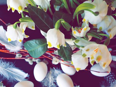 Paskalya Yumurtaları, bahar tatili. Söğüt ağacı ve Beyaz Bahar çiçeğiyle selamlar. Sarı fincanda ve tabakta hala hayat var. 