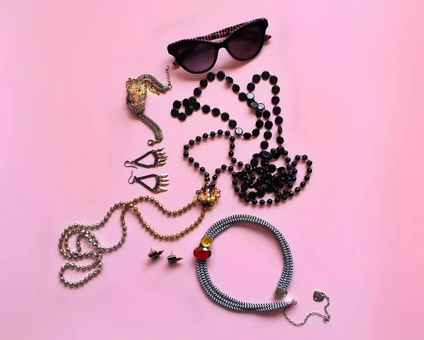 Jewelry and accessories collage fashion black shoes on high heels , sunglasses ,jacket gold ,necklace ring bracelets stylish  set collage  pink  coral living shopping sale women  girls clothe banner