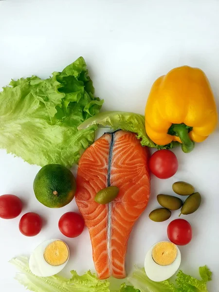 Salmon Olive Lime Tomato Fish Raw Salmon Two Steaks Vegetables — 스톡 사진