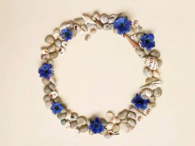 Spring Flowers Pansies in a  pot  seasonal flowers shells sea stones water glass bottles still life spring summer beach gardening Floral modern background colorful abstract blue white yellow lilac 