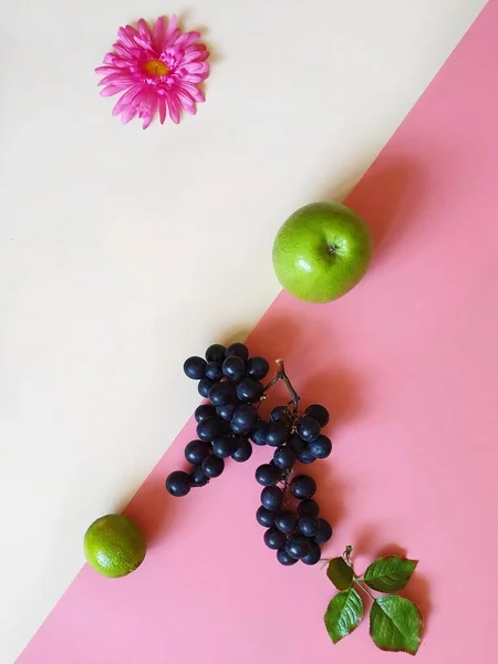 Fruits Background Poster Fresh Eco Fruits Assortment Orange Lilac Grape — Stock Photo, Image