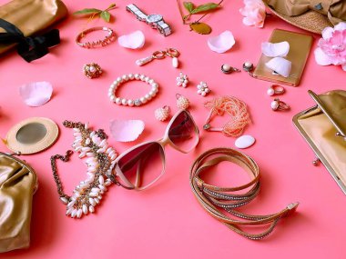 Jewelry gold  fashion scarves handbag bags  sunglasses glasses cases cosmetics cases   summer rings earrings bracelet  hat  gold  on blue pink black sunglasses fashion  Women accessories costume coral  sale advertising banner poster set
