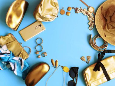 Jewelry gold  fashion scarves handbag bags  sunglasses glasses cases cosmetics cases   summer rings earrings bracelet  hat  gold  on blue pink black sunglasses fashion  Women accessories costume coral  sale advertising banner poster set