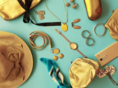 Jewelry gold  fashion scarves handbag bags  sunglasses glasses cases cosmetics cases   summer rings earrings bracelet  hat  gold  on blue pink black sunglasses fashion  Women accessories costume coral  sale advertising banner poster set