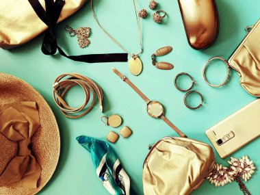 Jewelry gold  fashion scarves handbag bags  sunglasses glasses cases cosmetics cases   summer rings earrings bracelet  hat  gold  on blue pink black sunglasses fashion  Women accessories costume coral  sale advertising banner poster set