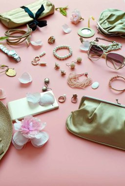 Women's accessories costume Jewelry white pearl fashion scarves handbag bags  sunglasses glasses cases cosmetics cases   summer rings earrings bracelet mobile smartphone hat  gold  on blue pink  coral  sale advertising banner poster set