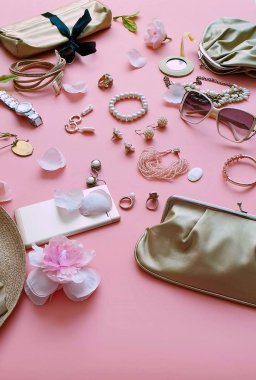 Women's accessories costume Jewelry white pearl fashion scarves handbag bags  sunglasses glasses cases cosmetics cases   summer rings earrings bracelet mobile smartphone hat  gold  on blue pink  coral  sale advertising banner poster set