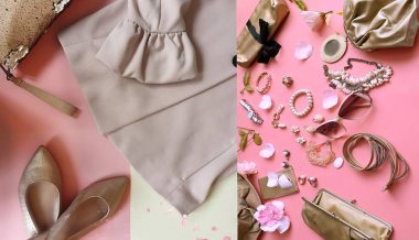 Jewelry and accessories fashion  shoes, sunglasses pink jacket  handbag  gold ,necklace ring bracelets stylish  set collage  pink  coral living shopping sale women  girls clothes banner ,fashion background  copy space