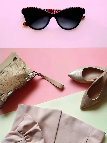 Ювелірні Вироби Аксесуари Модне Взуття Сонцезахисні Окуляри Рожева Куртка Сумка — стокове фото
