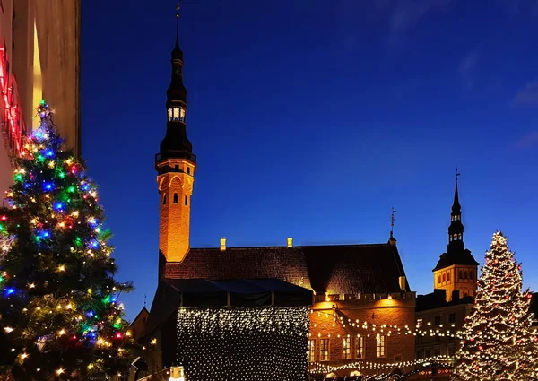 Night Christmas Tree Restaurant Window View Old Town Hall Square — Stock Photo, Image
