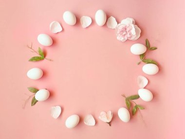 Happy Easter Greetings  white eggs green on pink living coral background wishes quotes text  element abstract template illustration banner  web design colorful art  pink  composition art holiday card