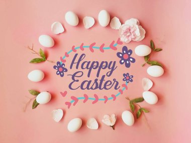 Happy Easter Greetings  white eggs green on pink living coral background wishes quotes text  element abstract template illustration banner  web design colorful art  pink  composition art holiday card