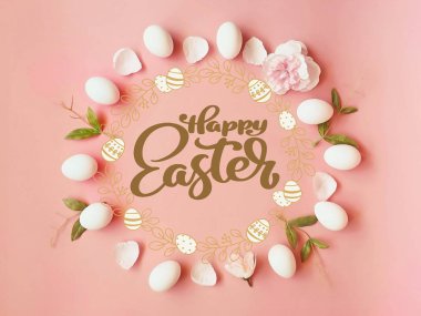 Happy Easter Greetings  white eggs green on pink living coral background wishes quotes text  element abstract template illustration banner  web design colorful art  pink  composition art holiday card