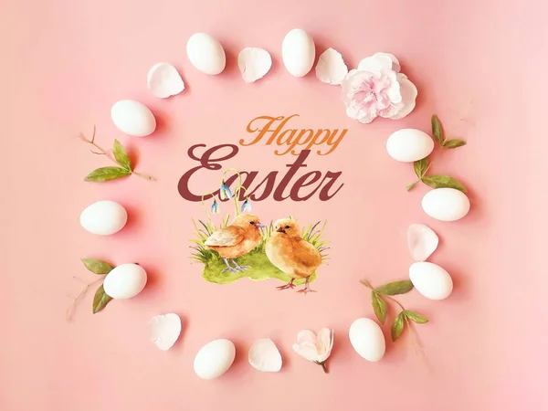 Happy Easter Groeten Witte Eieren Groen Roze Levende Koraal Achtergrond — Stockfoto