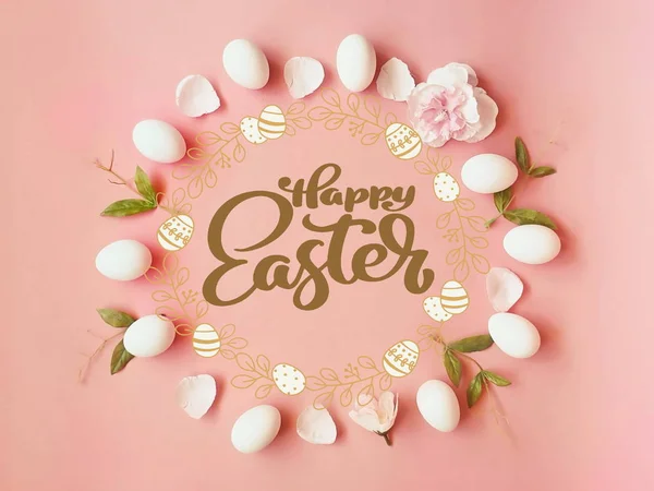 Happy Easter Groeten Witte Eieren Groen Roze Levende Koraal Achtergrond — Stockfoto