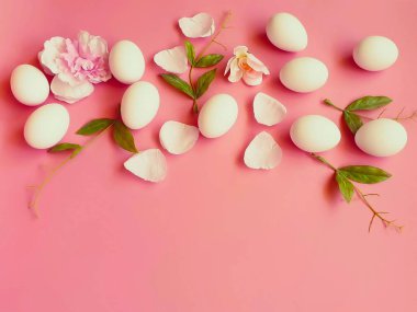 Happy Easter Greetings  white eggs green on pink living coral background wishes quotes text  element abstract template illustration banner  web design colorful art  pink  composition art holiday card 