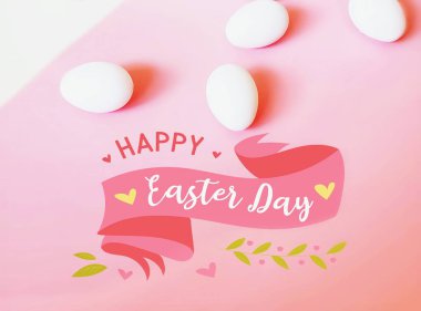Happy Easter Greetings  white eggs green on pink living coral background wishes quotes text  element abstract template illustration banner  web design colorful art  pink  composition art holiday card 