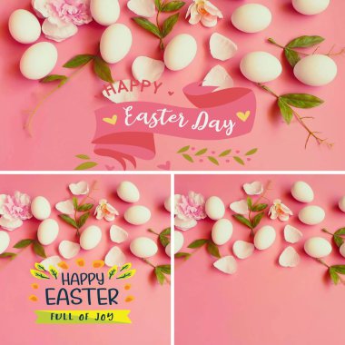 Easter  Background, Best wishes lettering  white, Eggs on Pink Flowers , Spring holiday ,Happy Easter Greetings   quotes text  template illustration   web design colorful pink  announcement,   banner template collage ,poster collage 