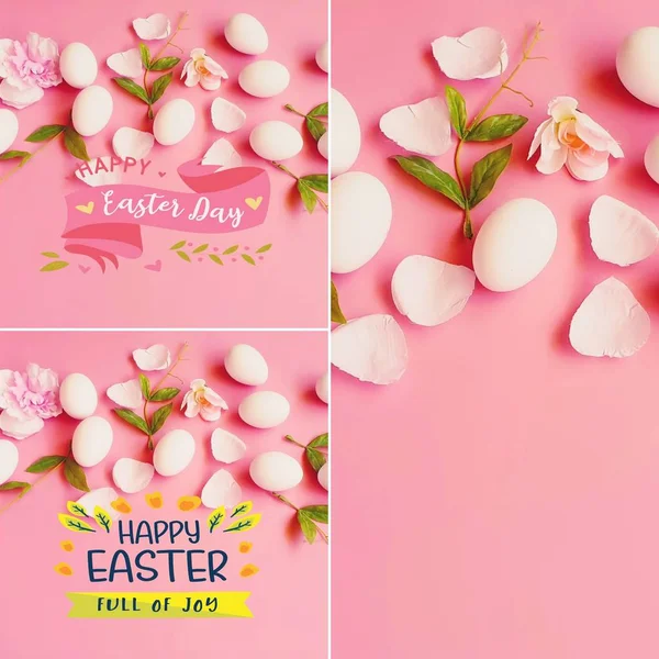 Pasen Achtergrond Beste Wensen Belettering Wit Eieren Roze Bloemen Voorjaarsvakantie — Stockfoto
