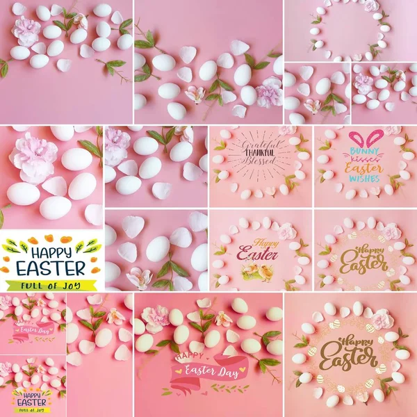 Easter holiday collage  Background, Best wishes lettering  white, Eggs on Pink Flowers , Spring holiday ,Happy Easter Greetings   quotes text  template illustration   web design colorful pink  announcement,   banner template collage ,poster collage