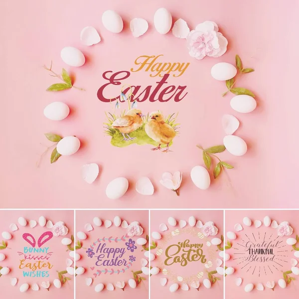 Pasen Achtergrond Beste Wensen Belettering Wit Eieren Roze Bloemen Voorjaarsvakantie — Stockfoto