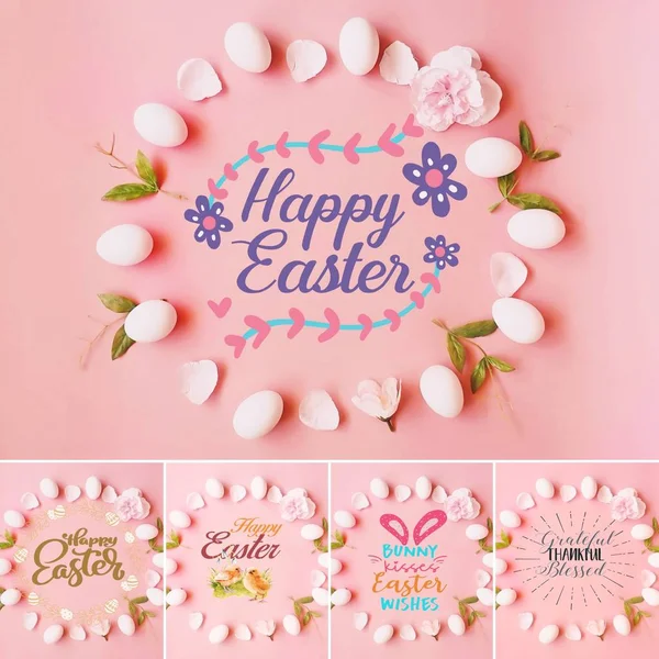 Πάσχα Φόντο Καλύτερες Ευχές Επιστολόχαρτο Λευκό Αυγά Ροζ Λουλούδια Εαρινές — Φωτογραφία Αρχείου