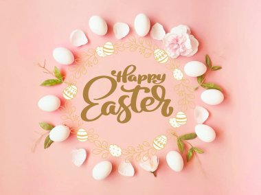 Easter  Background, Best wishes lettering  white, Eggs on Pink Flowers , Spring holiday ,Happy Easter Greetings   quotes text  template illustration   web design colorful pink  announcement,   banner template collage ,poster collage 
