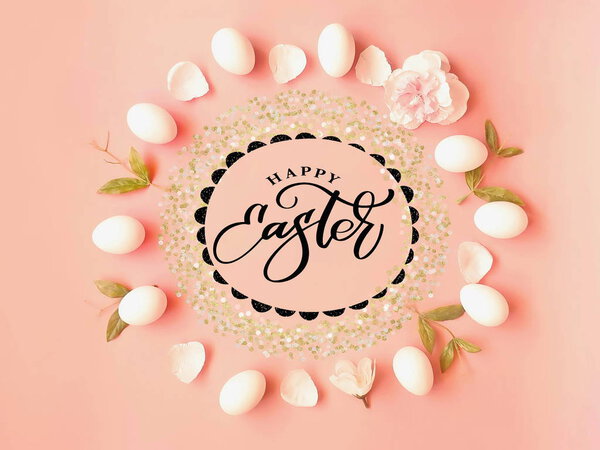 Easter  Background, Best wishes lettering  white, Eggs on Pink Flowers , Spring holiday ,Happy Easter Greetings   quotes text  template illustration   web design colorful pink  announcement,   banner template collage ,poster collage 