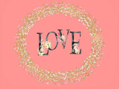  Sevgililer günü pembe arka planı, altın elementler kırmızı kalp ve bayram mutlu dilekler mesaj kartı, fotokopi alanı sevgililer günü ve bayram bayramı mesajları, bayram kutlamaları romantik. 