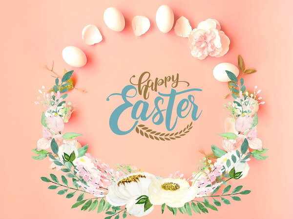 Easter Greetings   quotes text  template illustration   web design colorful pink  announcement,   banner template collage , , Best wishes lettering  and  white Flowers , Spring holiday ,copy space 