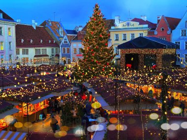 Tallinn Tatil Seyahati, kasaba meydanındaki Noel Ağacı eski kasaba panoramik en iyi pazar yeri Avrupa 'nın aydınlık şenlikli arka planında kışı bulanıklaştırdı  
