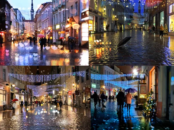 Rainy    in the City Christmas Tallinn Old town street night  light people walking with umbrellas rain drops reflection on window soft blurred light  lifestyle Tilt Shift ,travel to Europe  collage