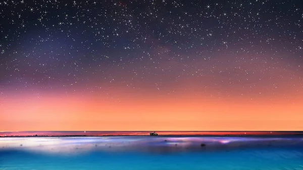 starry sky at sea summer sunset  ,night  blue ocean waves , sky stars summer night  sea dark blue water  tropical island nature  background