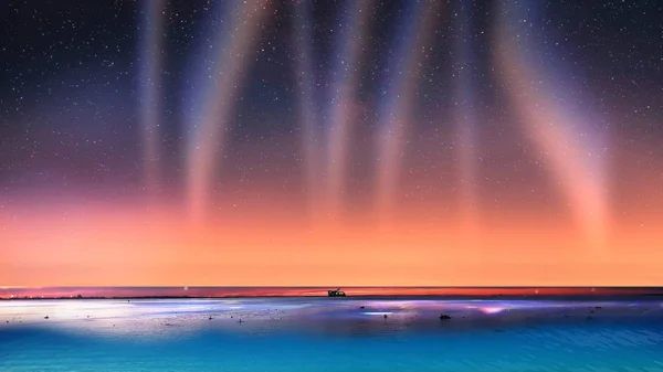 Зоряне Небо Морі Літній Захід Сонця Освітлення Нічних Блакитних Океанічних — стокове фото