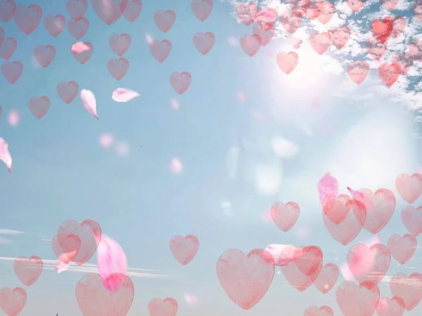 Πετώντας Κόκκινες Καρδιές Μπλε Ουρανό Χνουδωτά Άσπρα Σύννεφα Πτώση Ροζ — Φωτογραφία Αρχείου