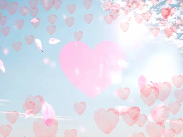 Valentinstag Hintergrund Fliegen Rote Herzen Auf Blauem Himmel Flauschige Weiße — Stockfoto