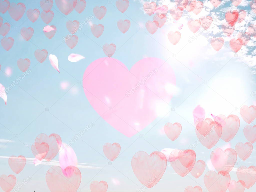 Valentine day background flying red hearts on blue sky fluffy white clouds falling pink petals  background illustration template  copy space