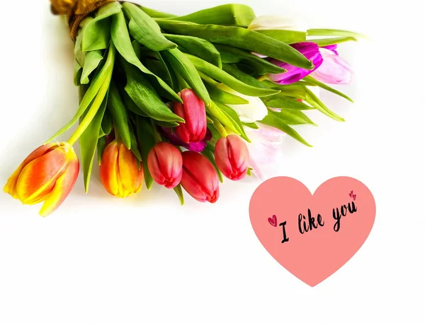 Rosa Herz Und Tulpe Frühlingsblumen Bunten Festlichen Strauß Florales Banner — Stockfoto
