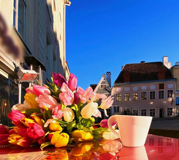 Spring Street Cafè Nella Piazza Della Città Tallinn Tazza Caffè — Foto Stock