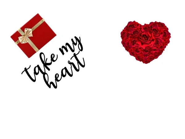 Червоні Серцеві Троянди Подарункова Коробка Білому Тлі Ізольовані Привітання Вітальні — стокове фото