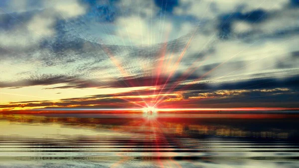 Modrá Obloha Růžový Západ Slunce Mraky Vodní Odraz Příroda Pozadí — Stock fotografie