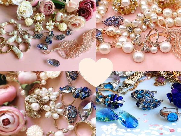 Schmuck Set Weiße Perlen Hintergrund Gold Weiße Perlenringe Ohrringe Armband — Stockfoto