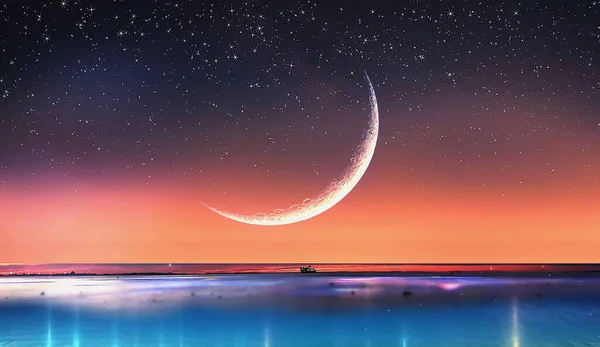 Starry Night Moon Blue Sky Sea Solnedgång Sommaren Hav Mörkblå — Stockfoto