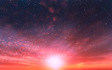 Bulutlu mavi gökyüzünde yıldızlı gökyüzü pembe yaz günbatımı doğa, destansı, dramatik gökyüzü, hava tahmini 