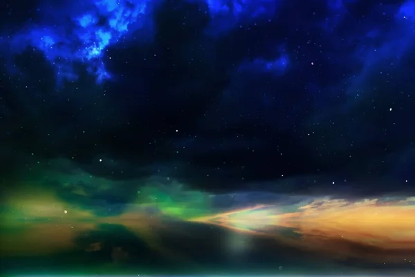 Aurora Kuzey Işıkları Yıldızlı Gökyüzü Parlak Yeşil Işık Mavi Arka — Stok fotoğraf