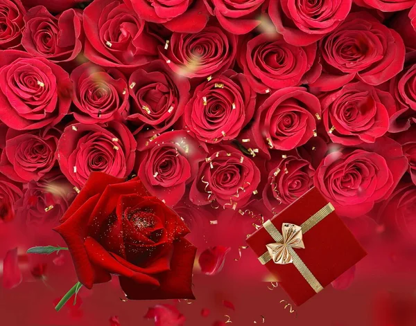 Fondo Rosas Rojas Festivas Con Elementos Oro Caja Regalo Banner —  Fotos de Stock