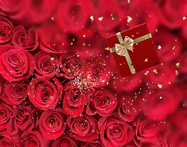 Festliche Rote Rosen Hintergrund Mit Goldelementen Und Geschenkbox Vorlage Grußkarte — Stockfoto