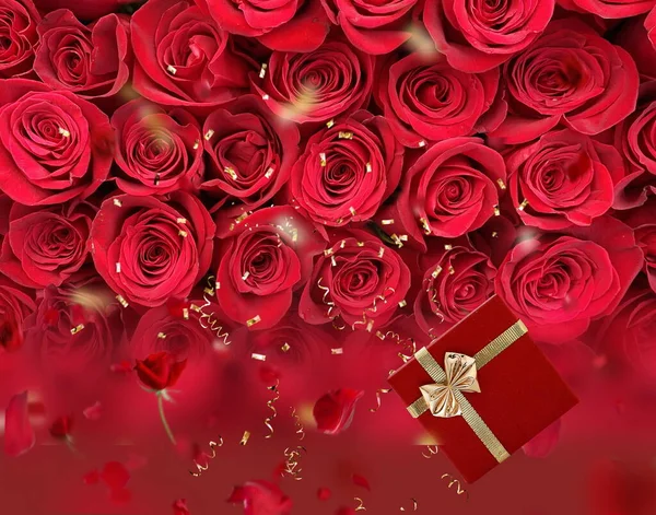 Feestelijke Rode Rozen Achtergrond Met Gouden Elementen Geschenkdoos Sjabloon Wenskaart — Stockfoto
