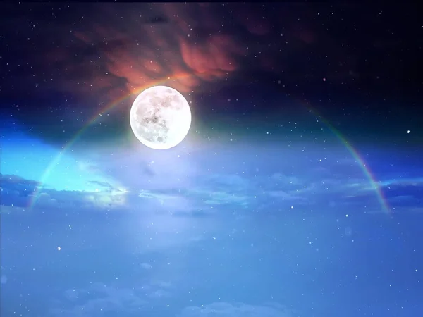 Luna Llena Noche Estrellada Luna Cielo Azul Mar Puesta Sol — Foto de Stock